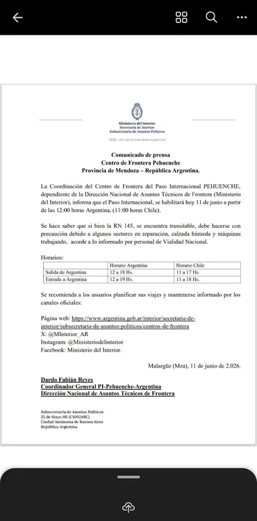 Comunicado habilitación paso Pehuenche