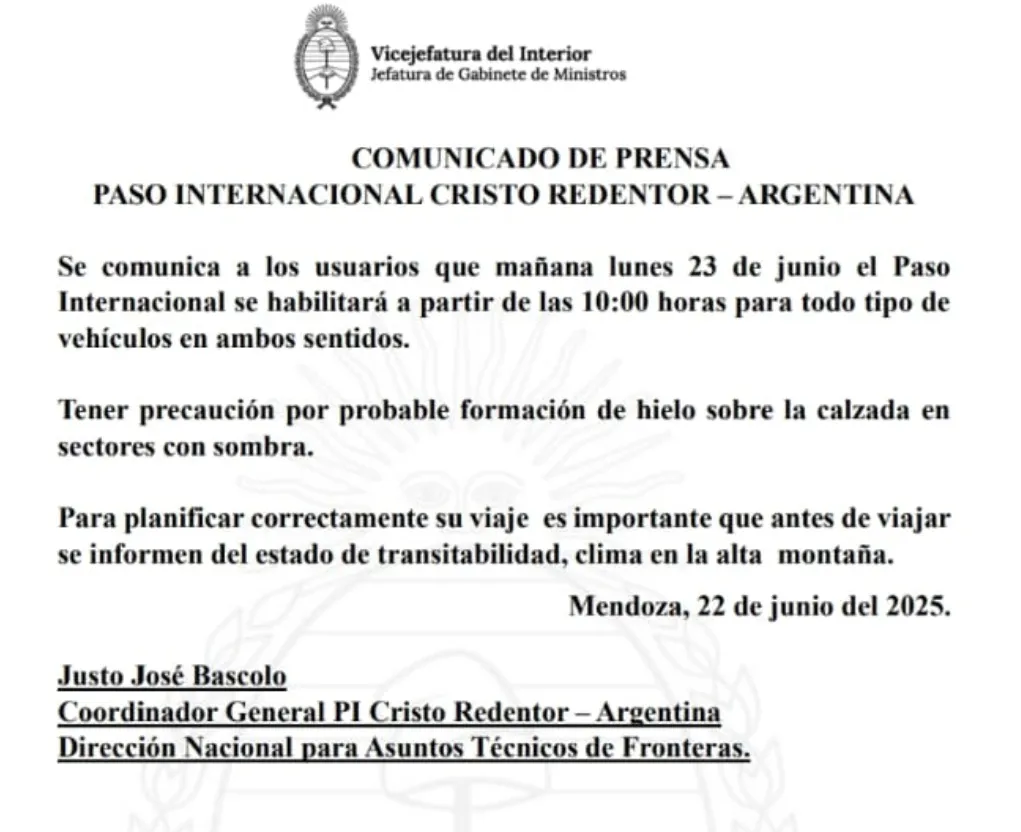 Comunicado Paso Cristo Redentor