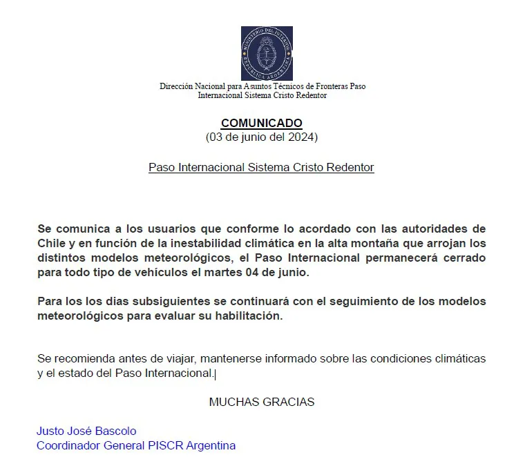 Comunicado Cristo Redentor