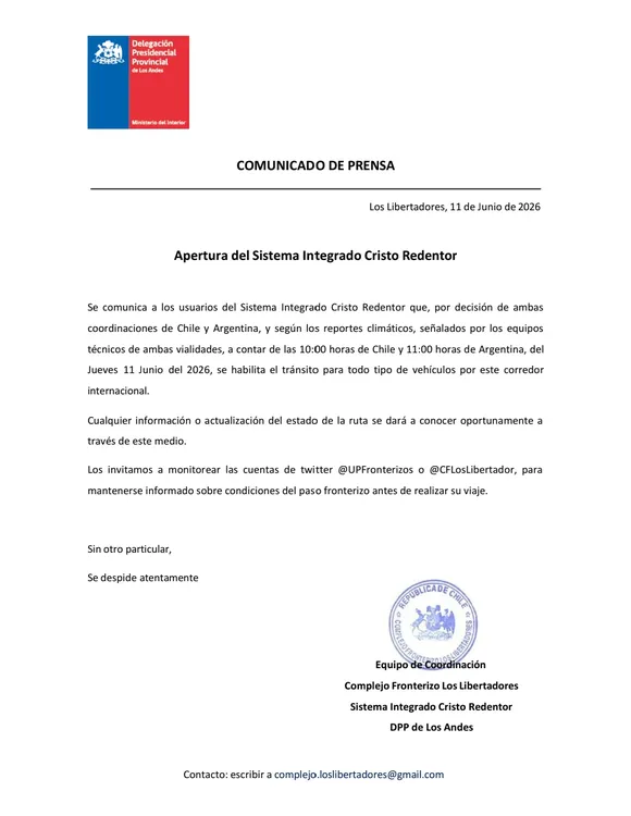 Comunicado habilitación del Paso Cristo Redentor